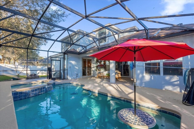 view of swimming pool with an in ground hot tub, a patio, and glass enclosure