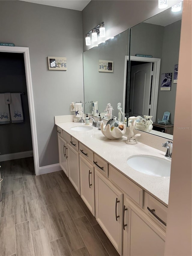 bathroom with vanity and wood-type flooring