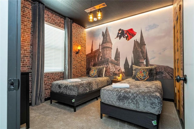 carpeted bedroom with brick wall