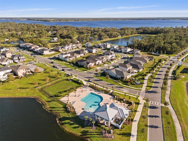 drone / aerial view featuring a water view