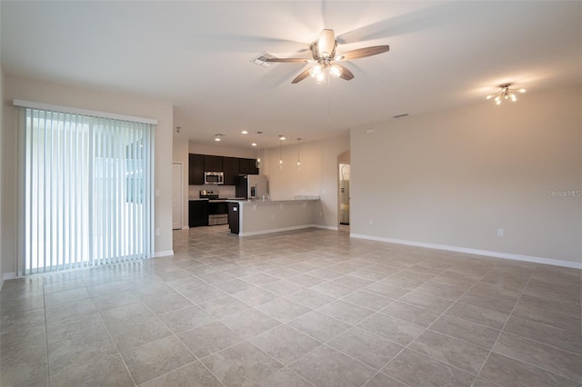 unfurnished living room with light tile patterned floors and ceiling fan