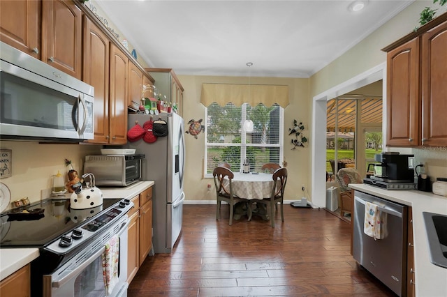 kitchen with sink, dark hardwood / wood-style flooring, hanging light fixtures, and appliances with stainless steel finishes