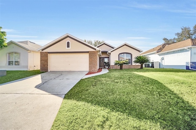 ranch-style house featuring a garage, a front lawn, and cooling unit