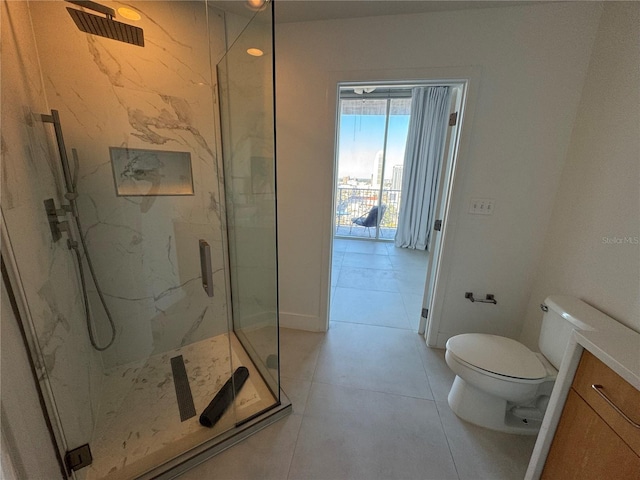 bathroom featuring tile patterned floors, toilet, and an enclosed shower