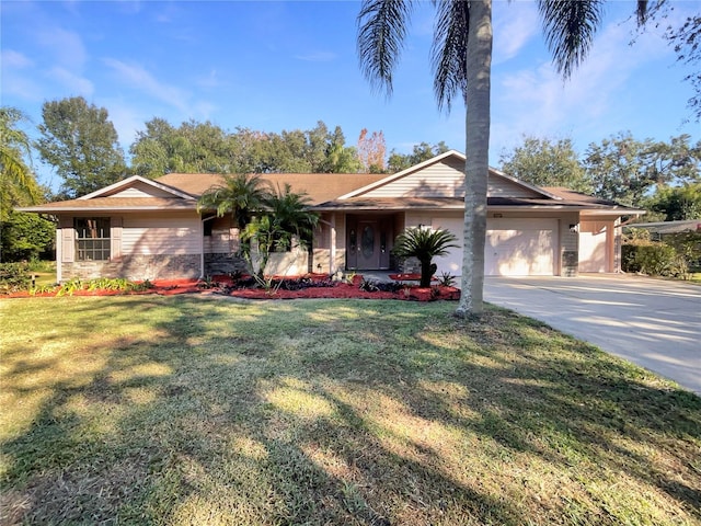 ranch-style house with a front lawn and a garage