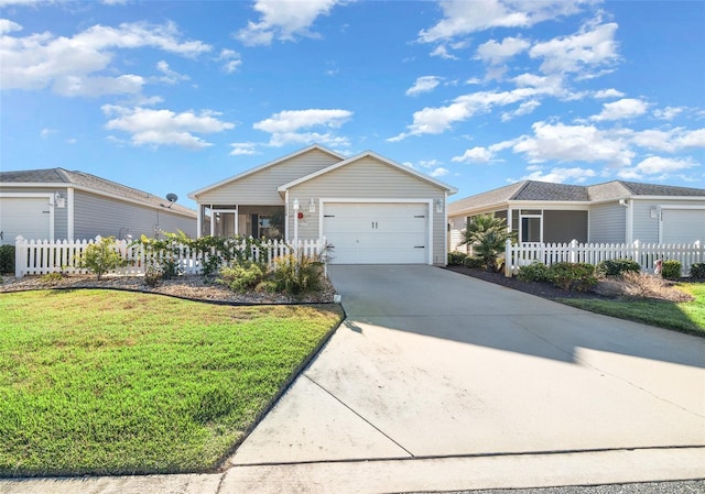 ranch-style home featuring a garage and a front lawn