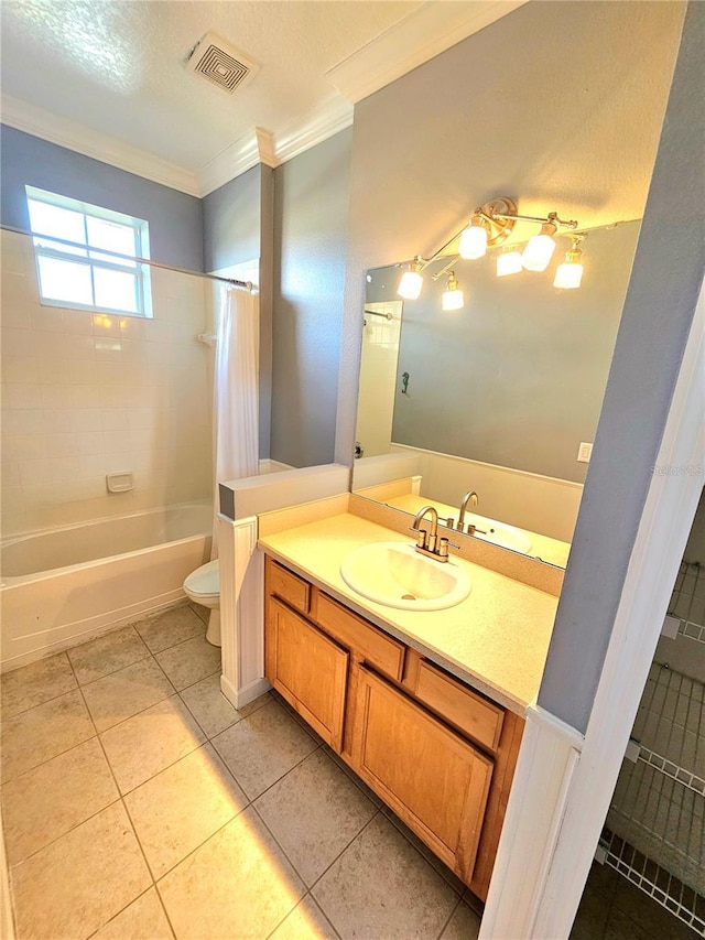 full bathroom featuring shower / bath combo, vanity, crown molding, tile patterned flooring, and toilet