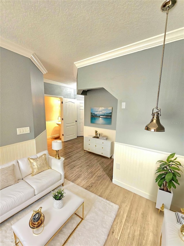 living room with light hardwood / wood-style floors, a textured ceiling, and ornamental molding