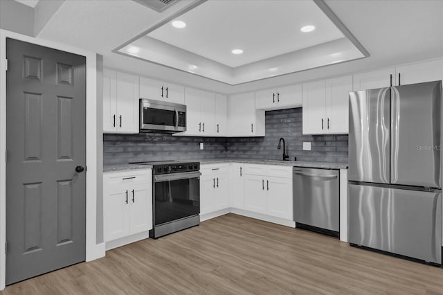 kitchen with light stone counters, stainless steel appliances, a tray ceiling, light hardwood / wood-style flooring, and white cabinetry