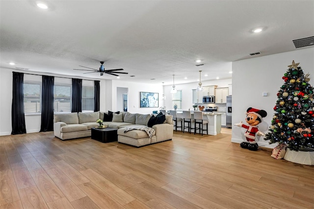 living room with a textured ceiling, light hardwood / wood-style flooring, and ceiling fan