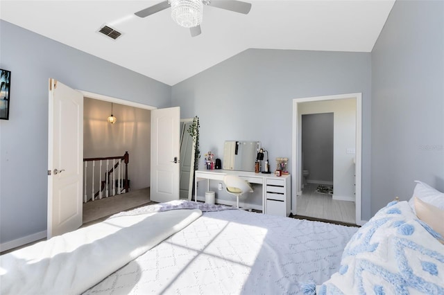 bedroom with ceiling fan and lofted ceiling