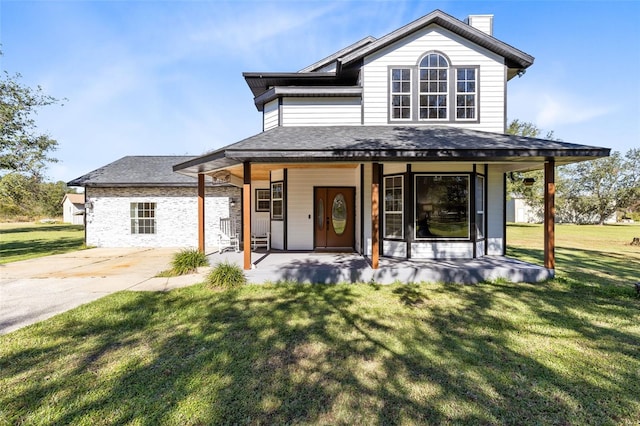 view of front of house featuring a porch and a front lawn