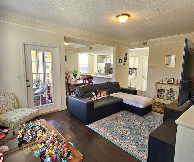 living room with dark hardwood / wood-style floors, crown molding, and a textured ceiling