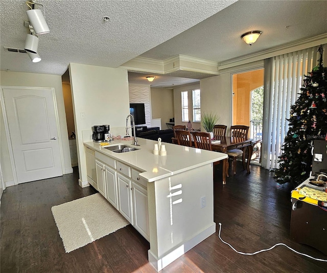 kitchen with kitchen peninsula, sink, and dark hardwood / wood-style floors