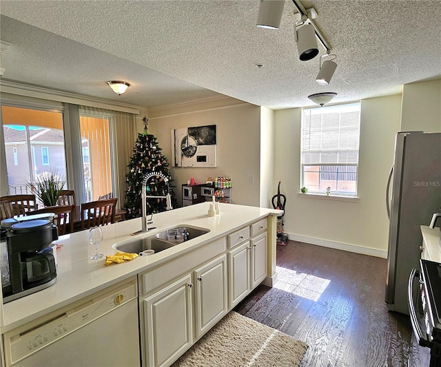 kitchen with stainless steel fridge, sink, white dishwasher, and a healthy amount of sunlight