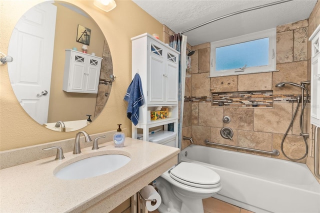 full bathroom with a textured ceiling, toilet, shower / bathtub combination with curtain, and sink