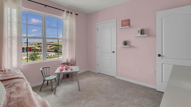 sitting room featuring light colored carpet