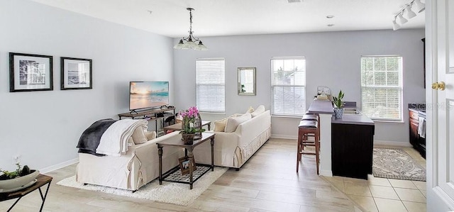 living room featuring rail lighting, light hardwood / wood-style floors, and a healthy amount of sunlight