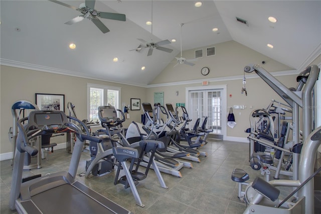 exercise room with ceiling fan, crown molding, high vaulted ceiling, and french doors