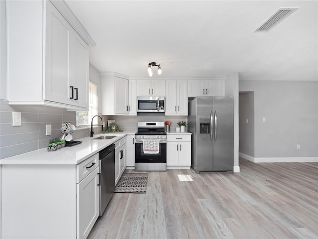 kitchen with appliances with stainless steel finishes, light wood-type flooring, tasteful backsplash, sink, and white cabinets