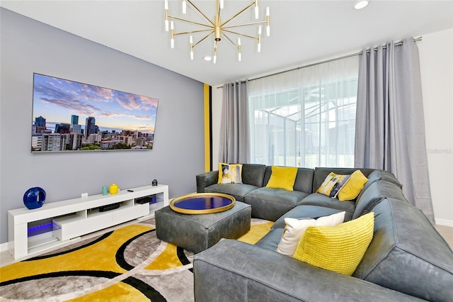 living room with a notable chandelier