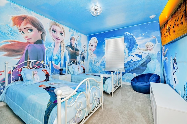 carpeted bedroom with a textured ceiling