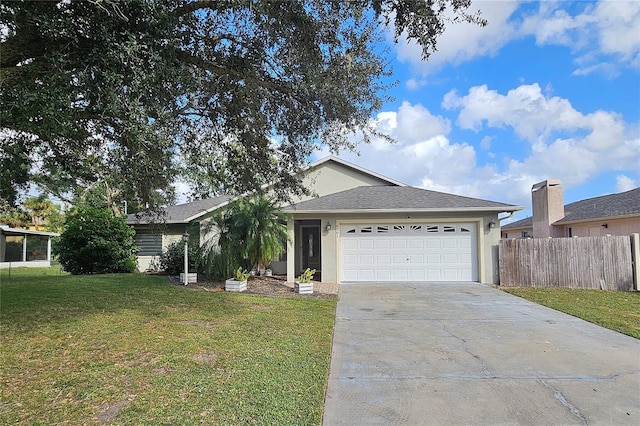 ranch-style home with a front yard and a garage