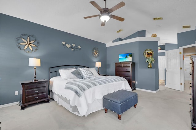 bedroom featuring ceiling fan, high vaulted ceiling, and light colored carpet