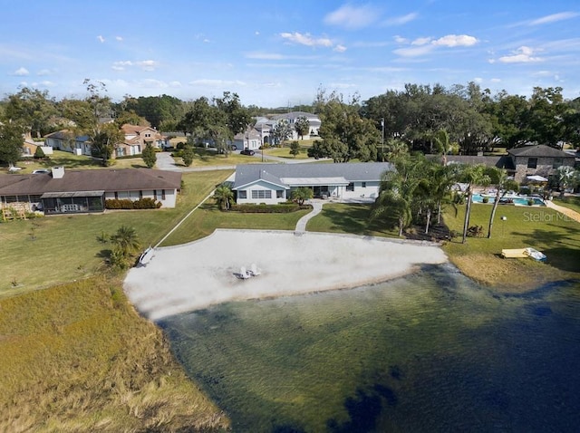 drone / aerial view featuring a water view