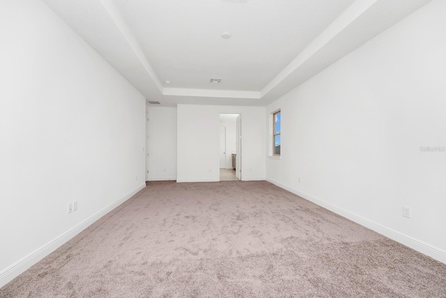 unfurnished room featuring a raised ceiling and carpet floors