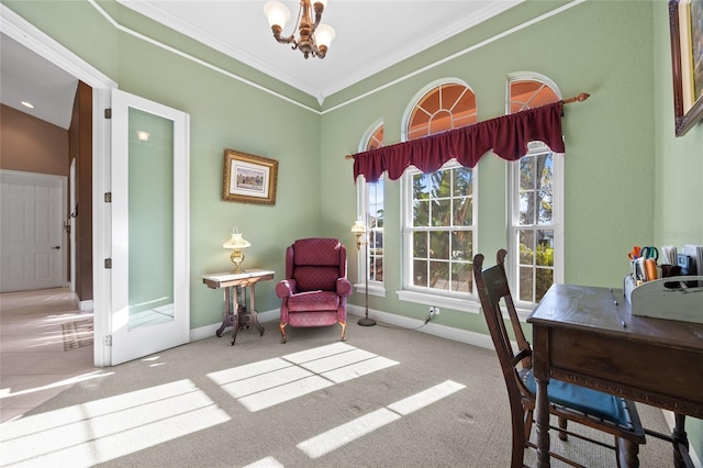 home office featuring carpet flooring, a chandelier, and ornamental molding