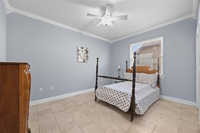 bedroom with ceiling fan, ornamental molding, and a textured ceiling