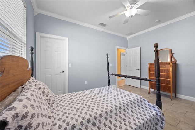 bedroom with ceiling fan, crown molding, light tile patterned floors, and a textured ceiling