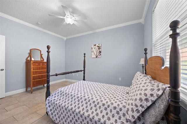 bedroom with ceiling fan, light wood-type flooring, a textured ceiling, and ornamental molding