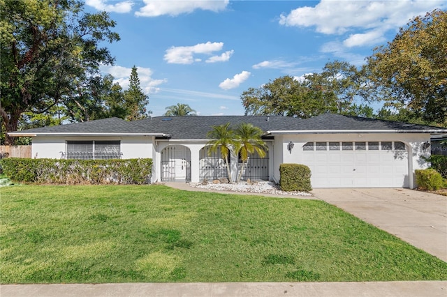 single story home featuring a front yard and a garage