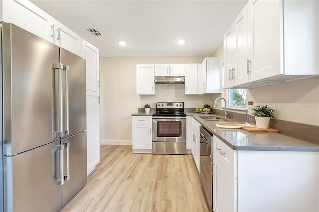 kitchen featuring white cabinets, light hardwood / wood-style floors, sink, and appliances with stainless steel finishes