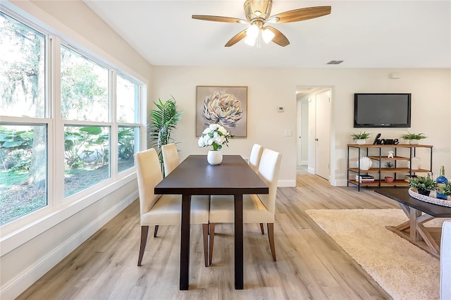 dining area with ceiling fan, plenty of natural light, and light hardwood / wood-style floors