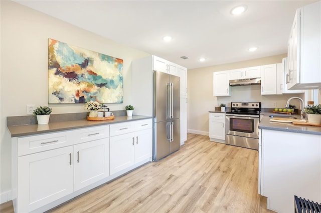 kitchen featuring white cabinets, stainless steel appliances, light hardwood / wood-style flooring, and sink