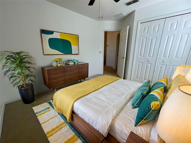 bedroom with a closet, carpet flooring, and ceiling fan