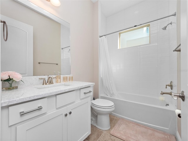 full bathroom featuring tile patterned flooring, shower / bath combination with curtain, vanity, and toilet