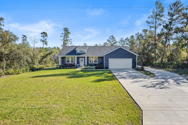 view of front facade featuring covered porch, a garage, and a front lawn