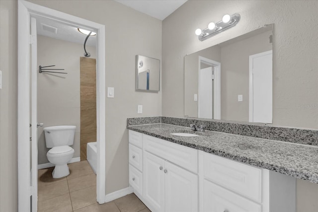 full bathroom with tile patterned floors, vanity, shower / bathtub combination, and toilet