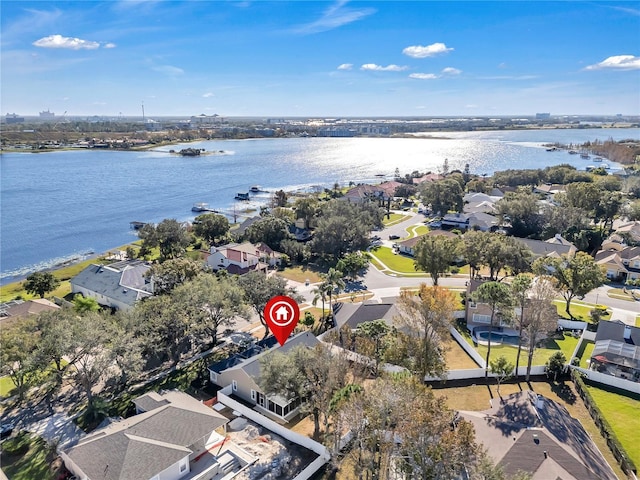 drone / aerial view featuring a water view