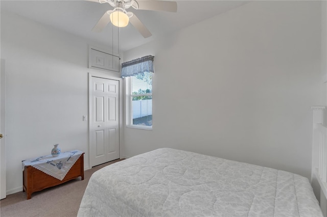 bedroom with ceiling fan, a closet, and carpet