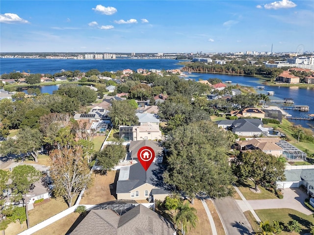 drone / aerial view with a water view