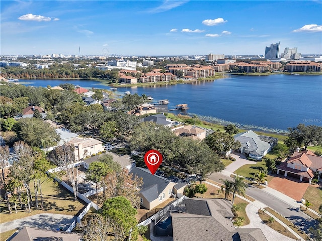 drone / aerial view featuring a water view