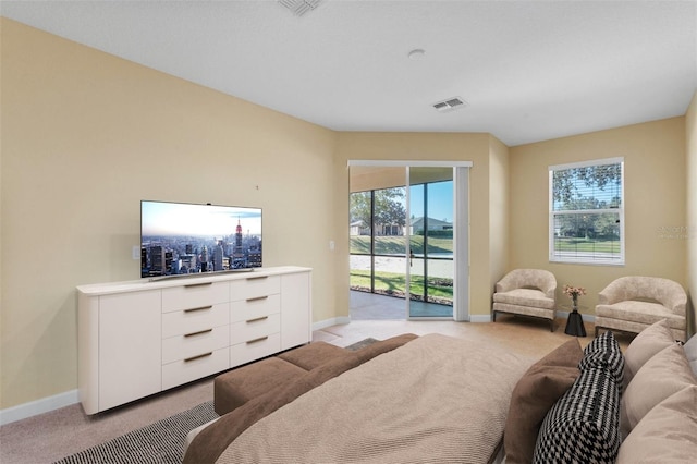 carpeted bedroom with access to outside and multiple windows