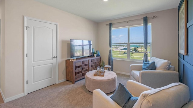 living area featuring a wealth of natural light and light colored carpet