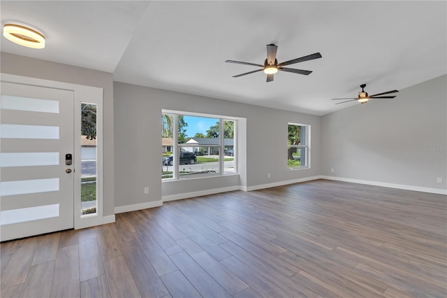 entrance foyer with hardwood / wood-style flooring and ceiling fan