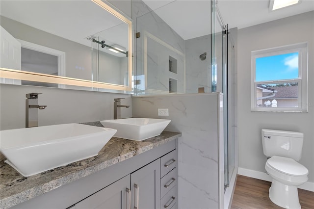 bathroom featuring vanity, wood-type flooring, a shower with shower door, and toilet